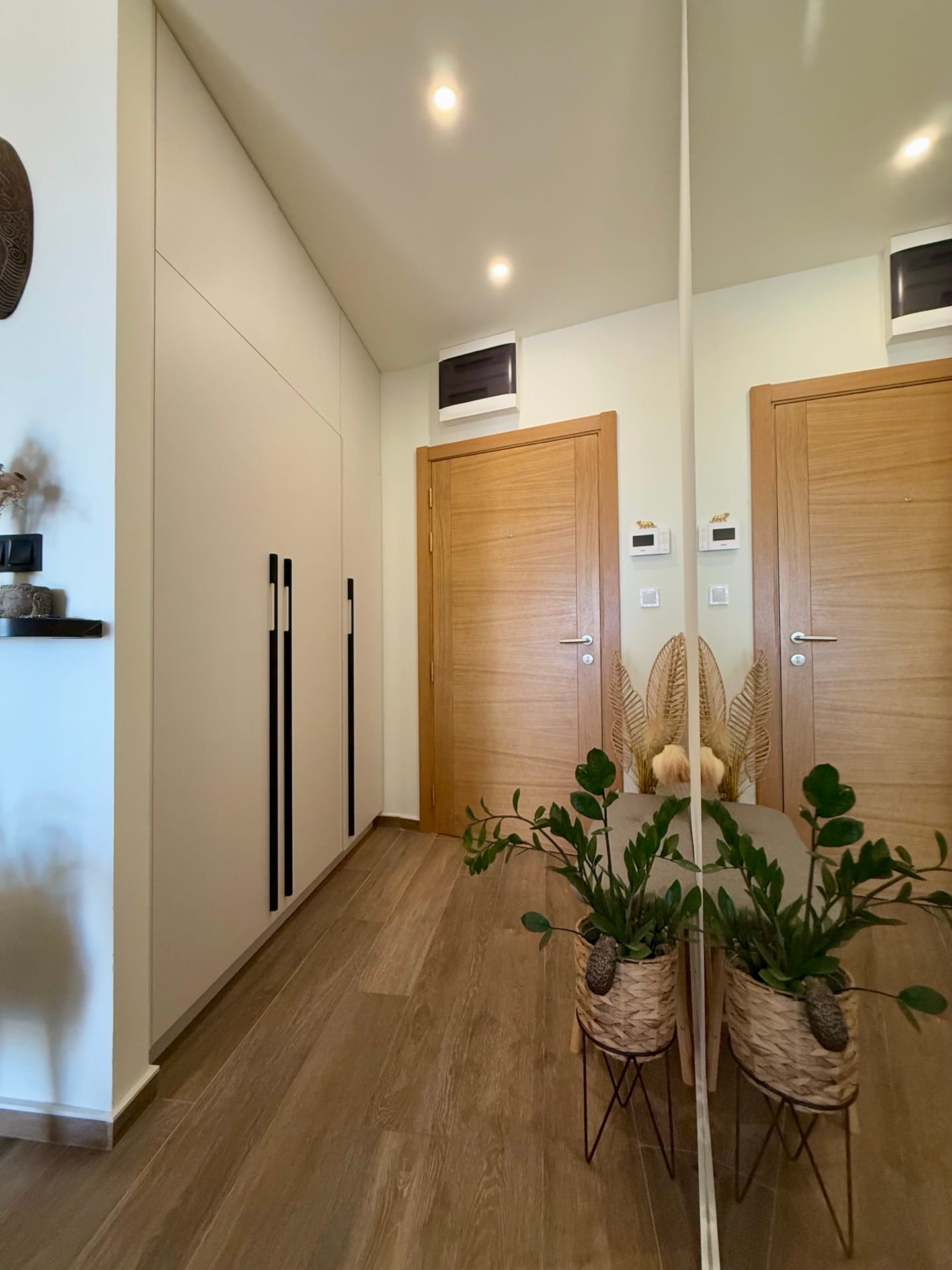 Modern hallway in an apartment, Becici, Montenegro: built-in wardrobe, full-length mirror, and plant decor.