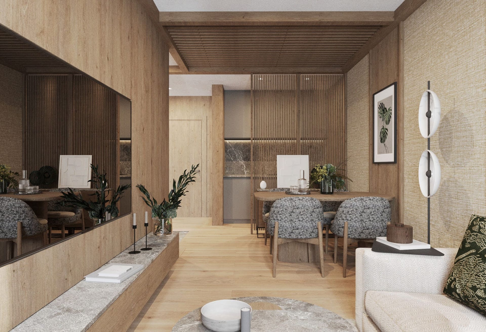 Living room interior design in eco style with wood finishes in a residential complex, Kolasin, Montenegro.