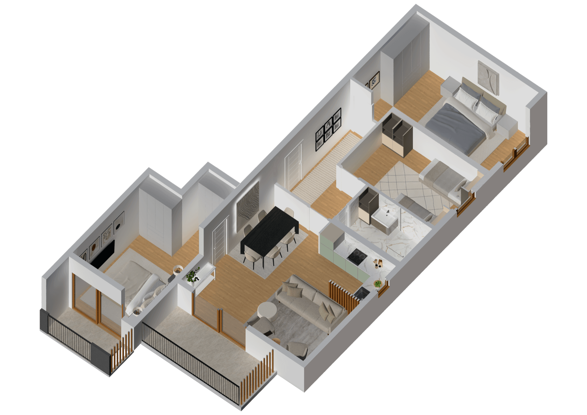 3D floor plan of an apartment in Tivat, Montenegro: two bedrooms, a living room with kitchen, dining area, and a spacious terrace.