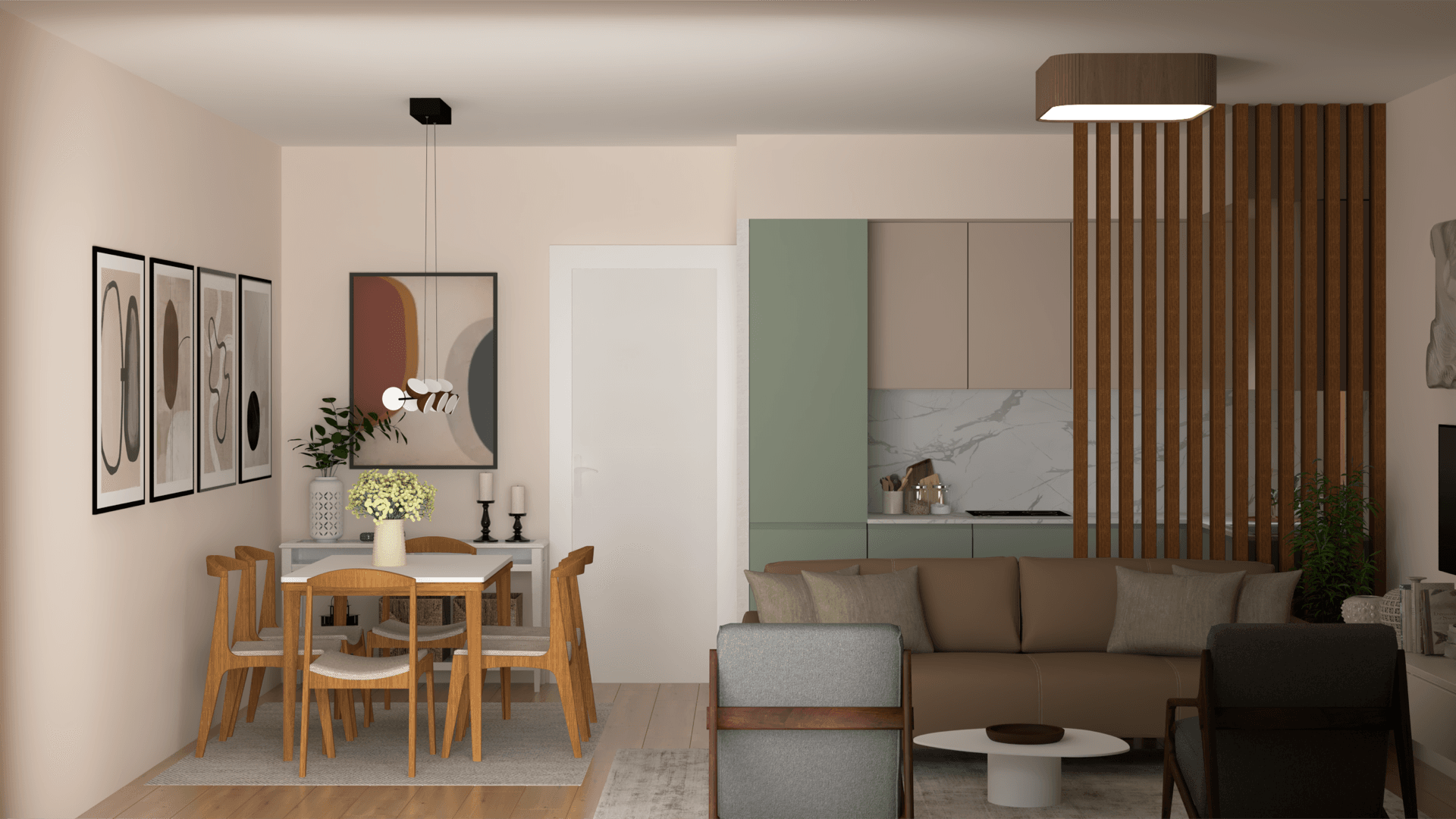 Modern living room with kitchen in an apartment in Tivat, Montenegro: dining area, soft sofa, and stylish partitions.