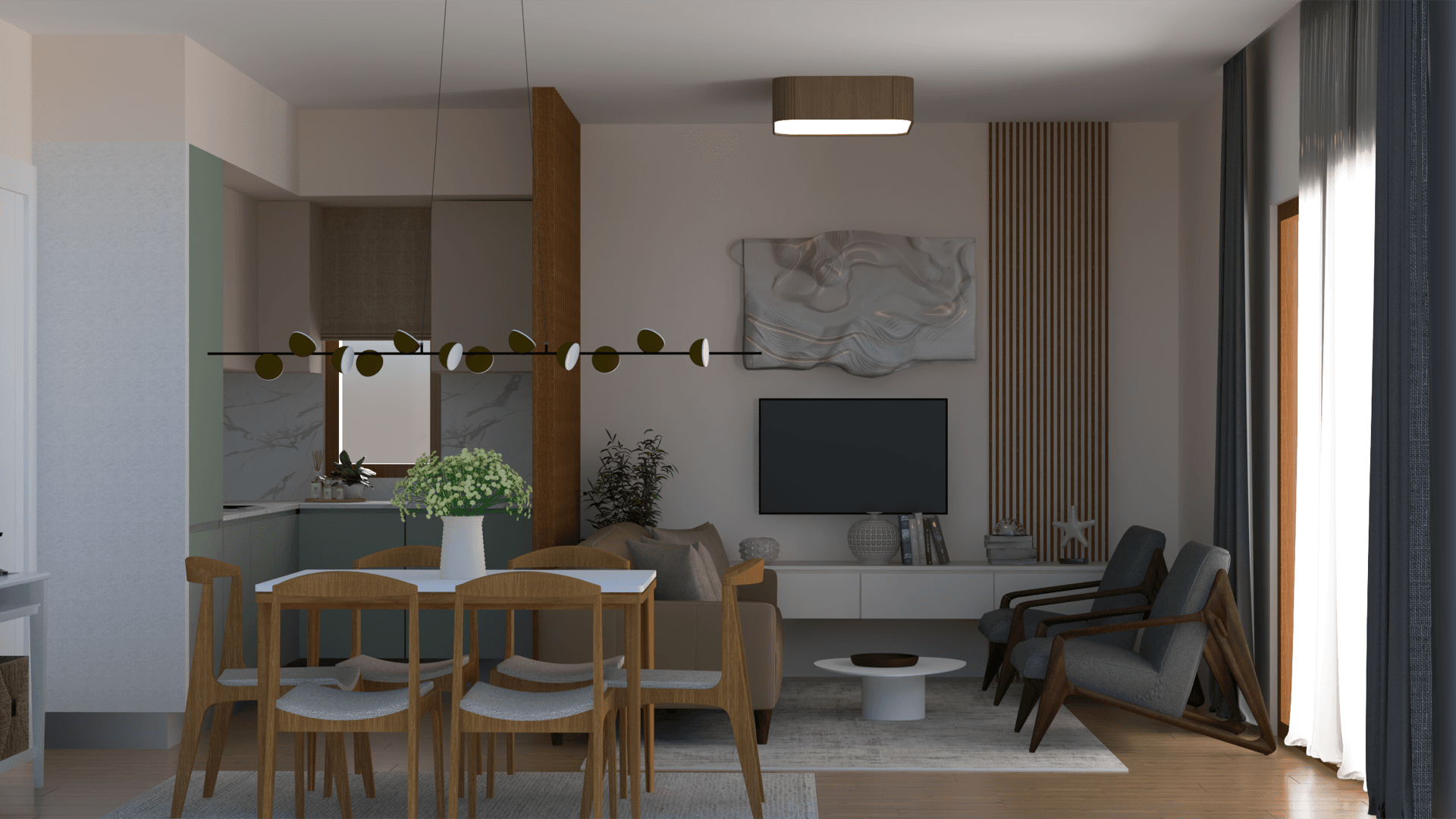 Modern living room with dining area in an apartment in Tivat, Montenegro: stylish furniture, decor, and panoramic windows.
