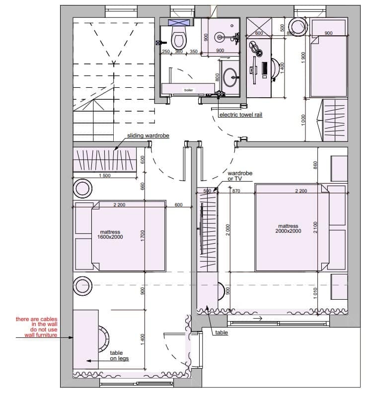 Layout of a two-bedroom apartment with a bathroom in the Kavač residential complex, Montenegro: furniture, bed, and wardrobe arrangement plan in the apartment.