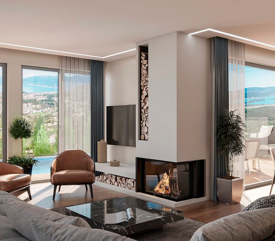 Modern living room with a fireplace and panoramic sea view in the Kavač residential complex, Montenegro.