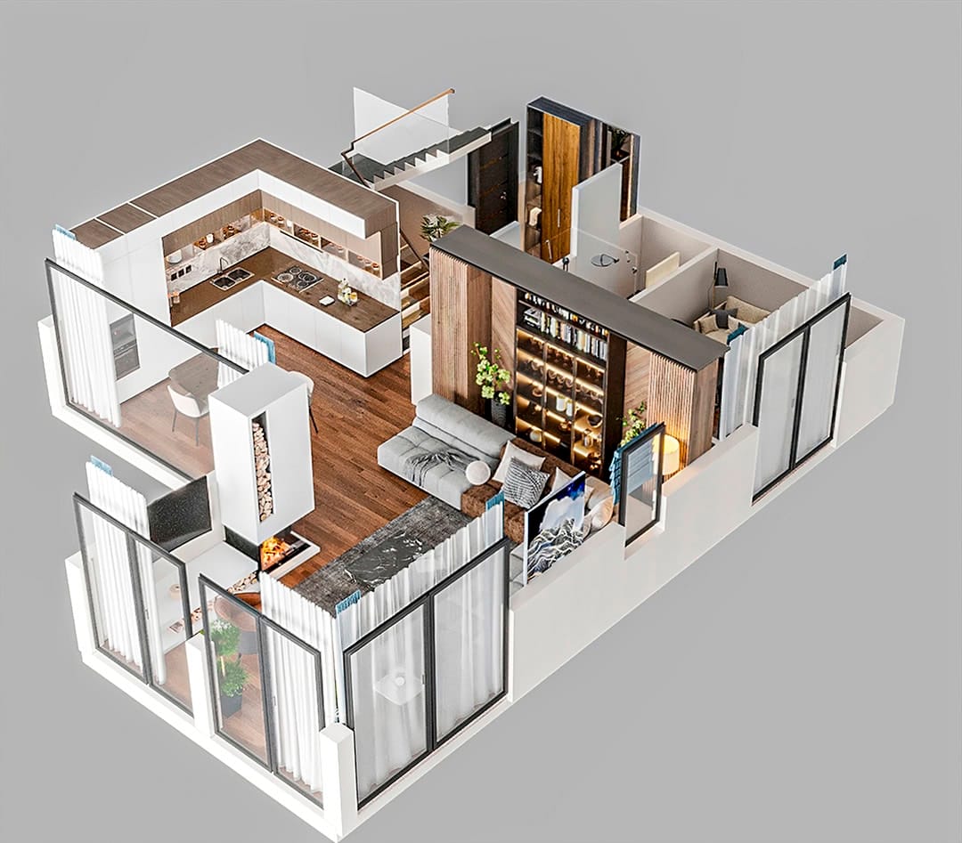 3D floor plan of a modern apartment in the Kavac residential complex, Montenegro: living room with a fireplace, kitchen, and panoramic windows.