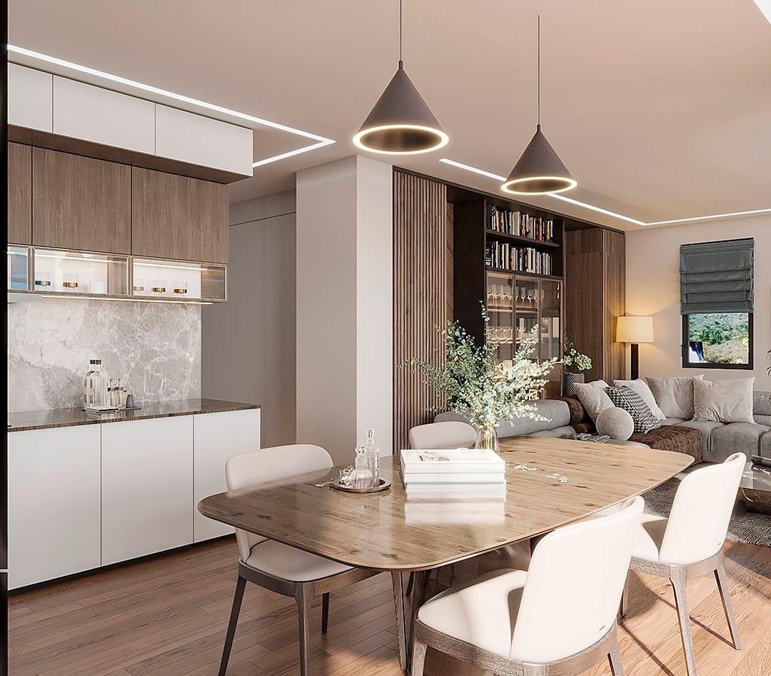 Modern living room with dining area in Kavač Residential Complex No. 2328, Montenegro: stylish interior, wooden furniture, and decor.