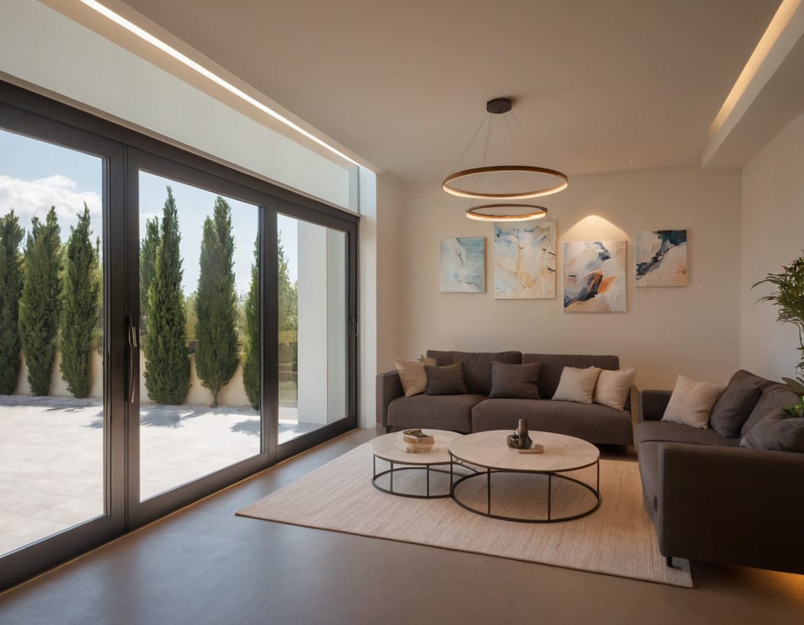 Modern living room in a townhouse, Blizikuće, Montenegro: panoramic windows, terrace with cypress trees, and stylish furniture.