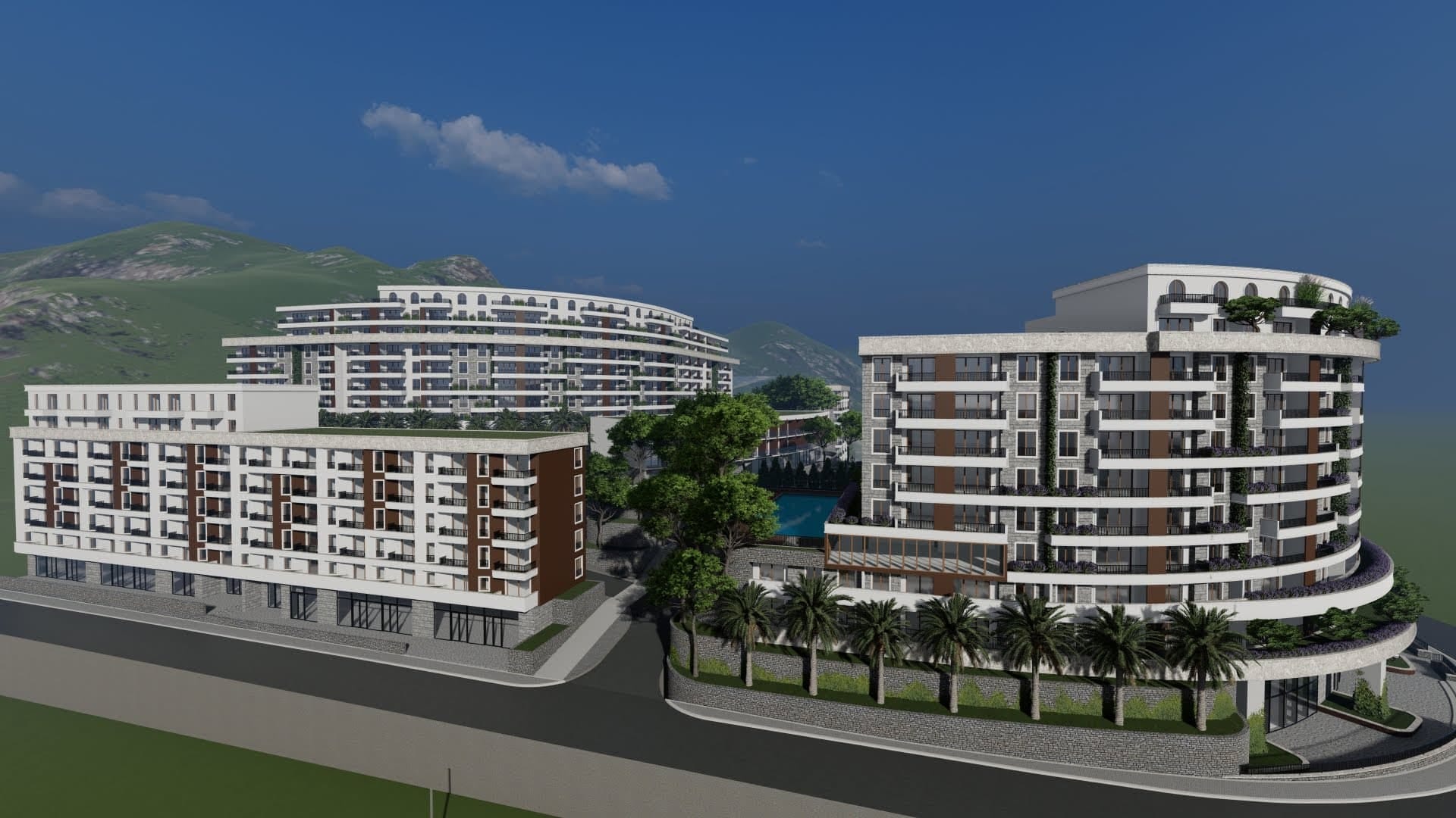 Visualization of a modern residential complex in Bečići, Montenegro: multi-story buildings with terraces and a swimming pool.