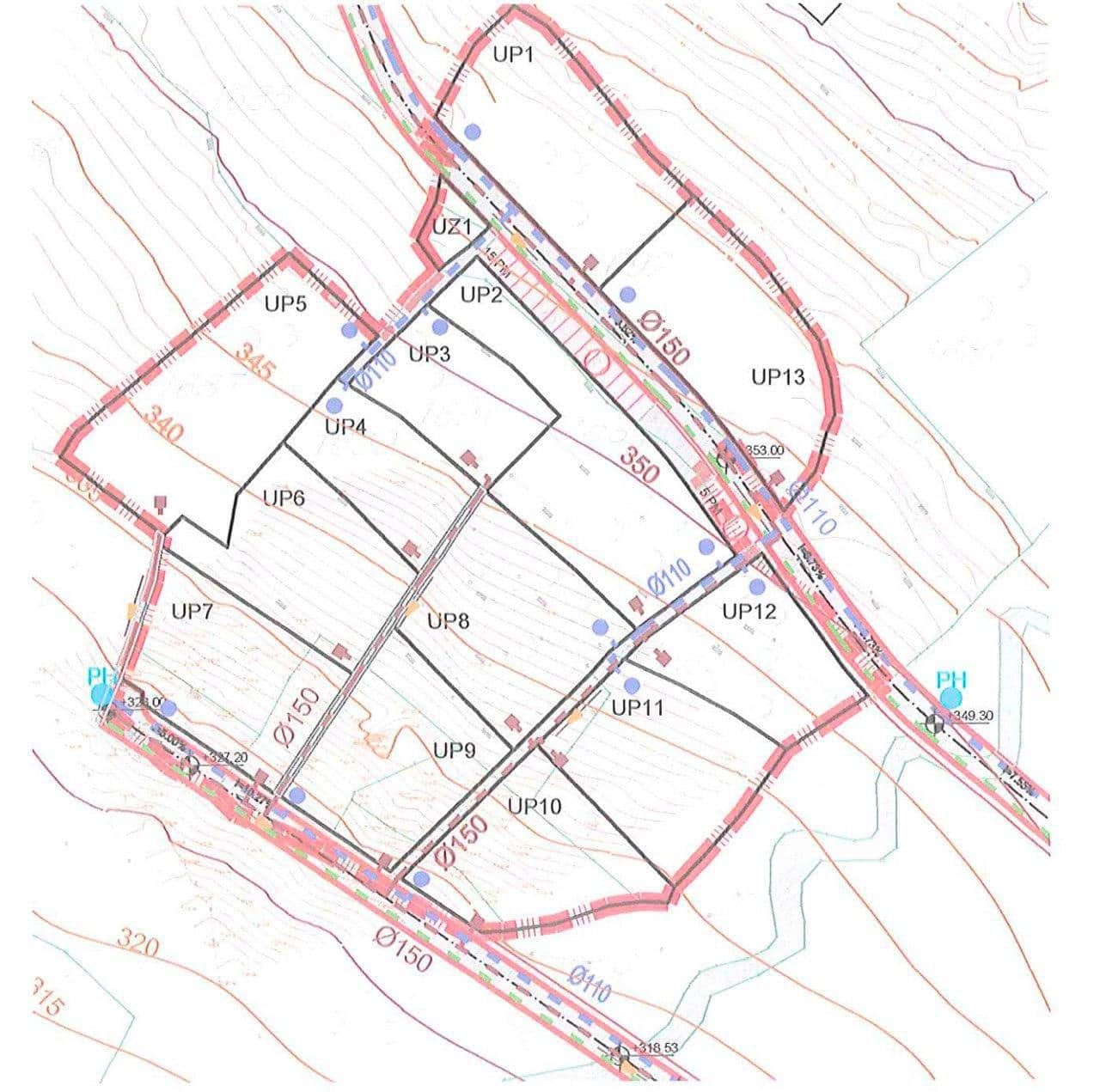 Master plan of the development site in Blizikuće, Montenegro: land survey plan with utilities.