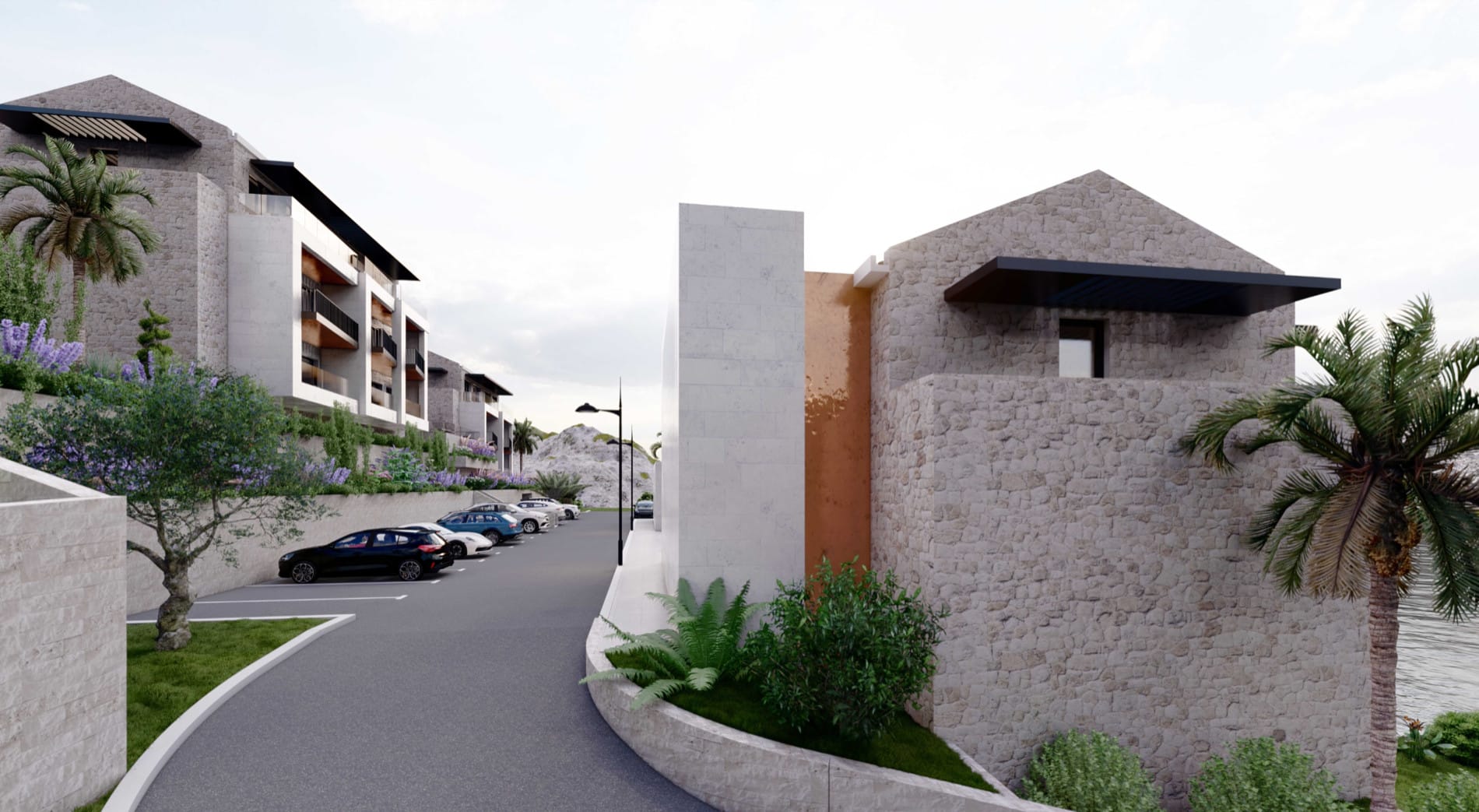 Modern residential complex in Muo, Montenegro: stone facade finishes, parking, and landscaping with palm trees.