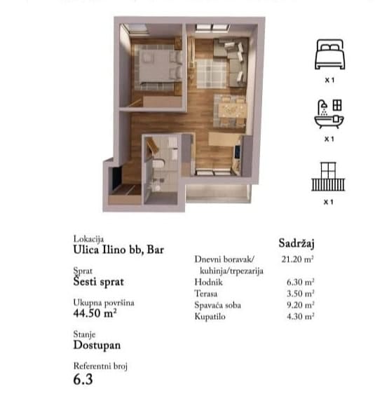 Apartment layout of 44.5 m² in Bar, Montenegro: bedroom, living room with kitchen, bathroom, and terrace on the 6th floor.