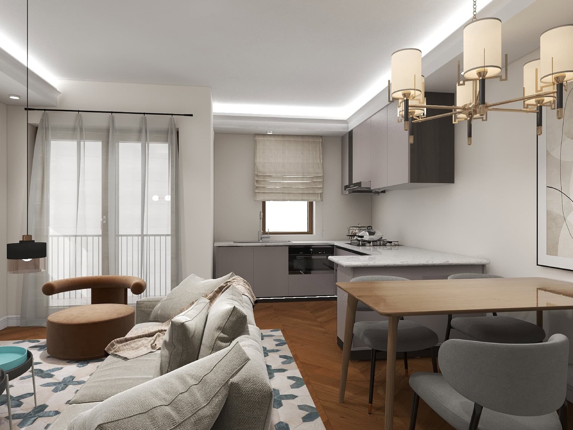 Modern living room with kitchen in the Risan residential complex, Montenegro: stylish furniture, herringbone parquet, and designer lighting.