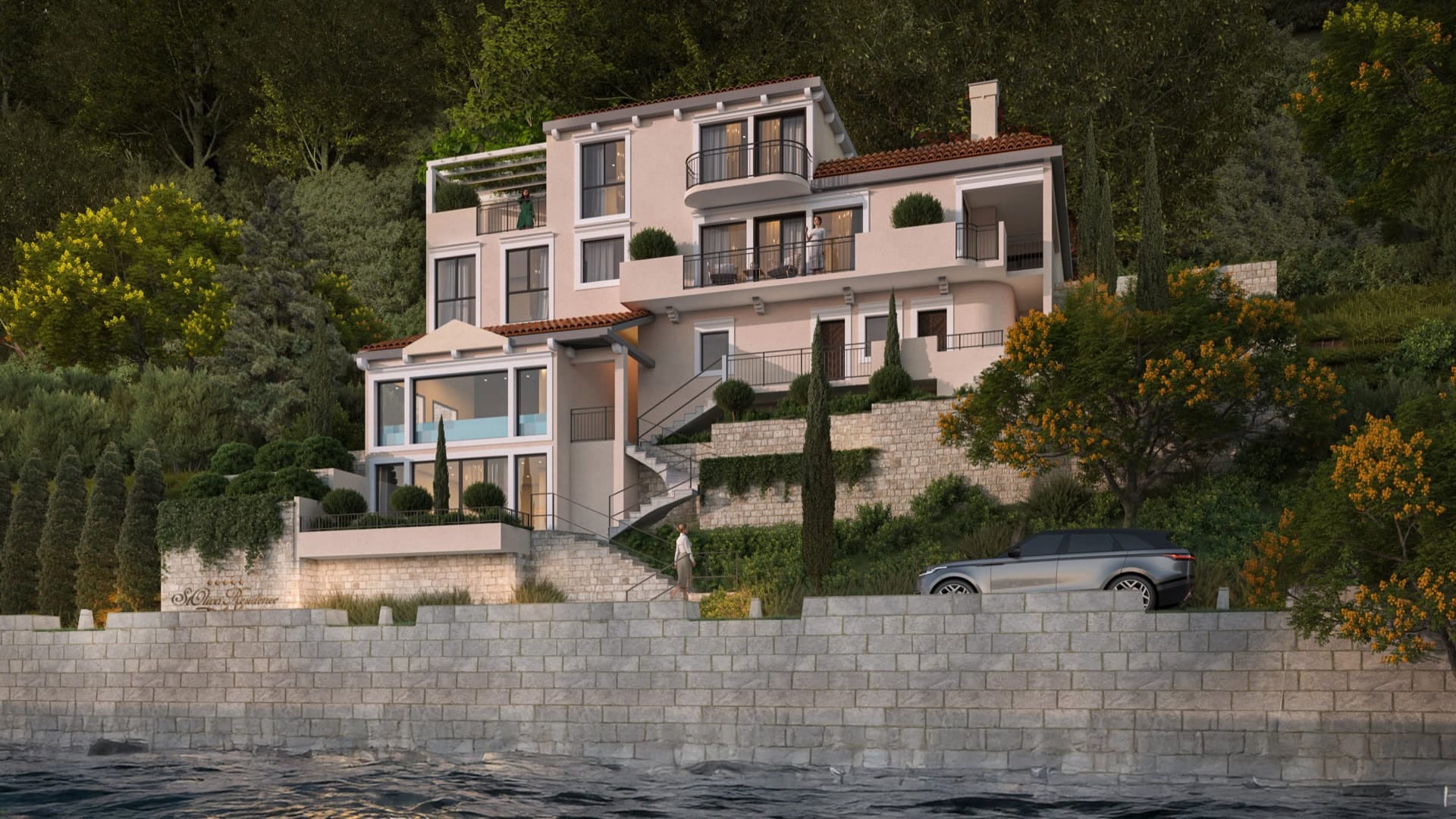 Modern St. Oliva Residence villa with terraces and panoramic glazing on the coast in Stoliv, Montenegro.