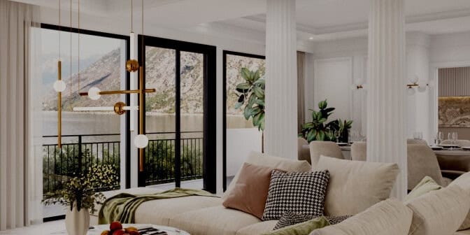 Villa living room in Stoliv, Montenegro: panoramic sea and mountain views, modern furniture, columns, and stylish lighting.