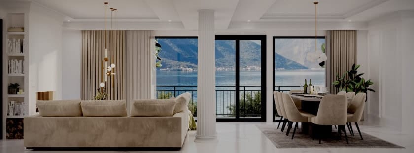 Living room with panoramic sea and mountain views in an exclusive villa in Stoliv, Montenegro: stylish interior and dining area.