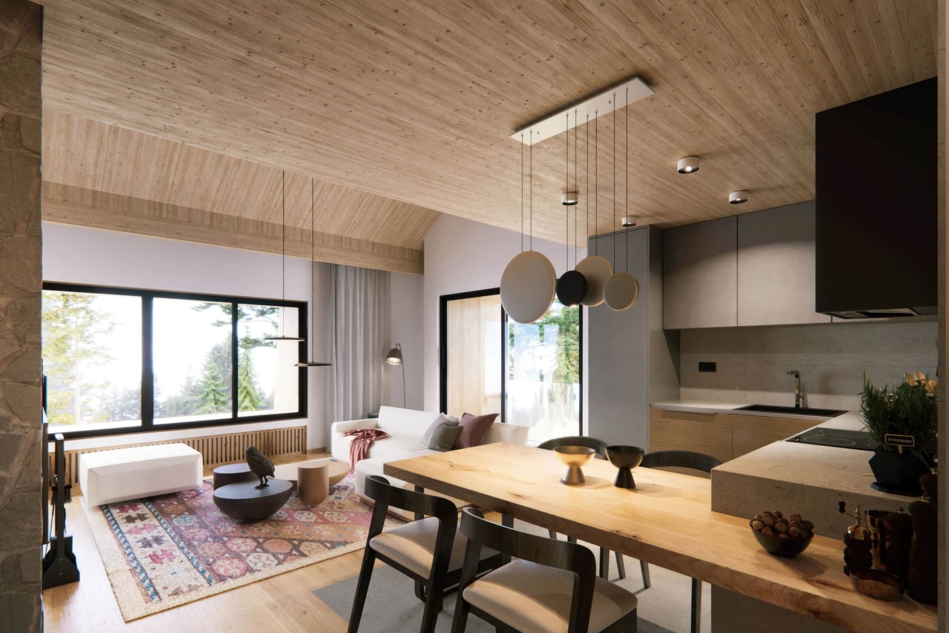 Modern living room with wood finishes and kitchen in a residential complex, Kolašin, Montenegro. Panoramic windows and forest view.