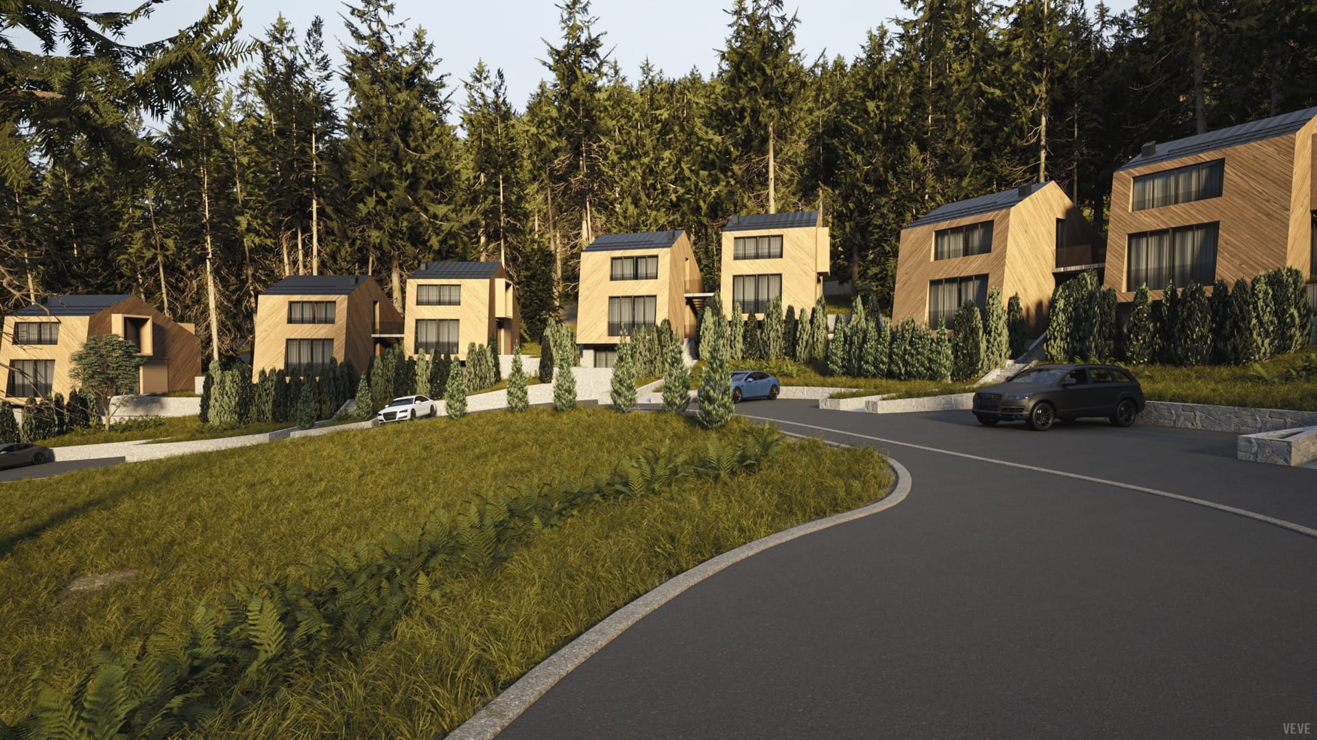 Modern wooden villas in the forest, residential complex in Kolašin, Montenegro: view of houses with panoramic windows and parking.