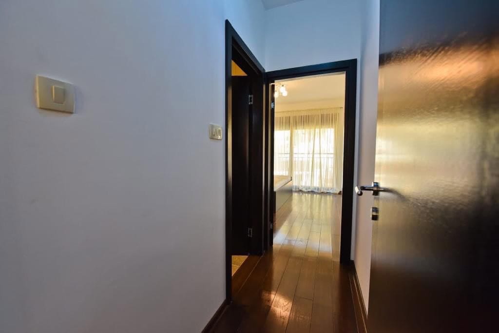 Bright hallway in an apartment in Petrovac, Montenegro, with dark interior doors and wood flooring.