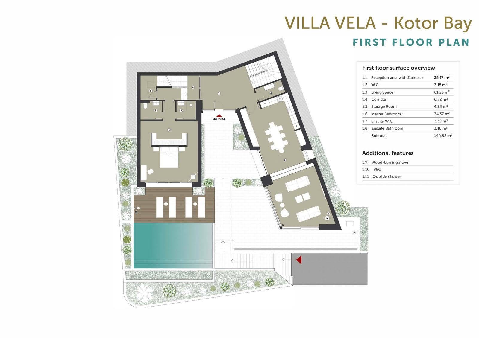 First-floor layout of Villa Vela in Kotor Bay, Montenegro: living room, bedroom, and pool.