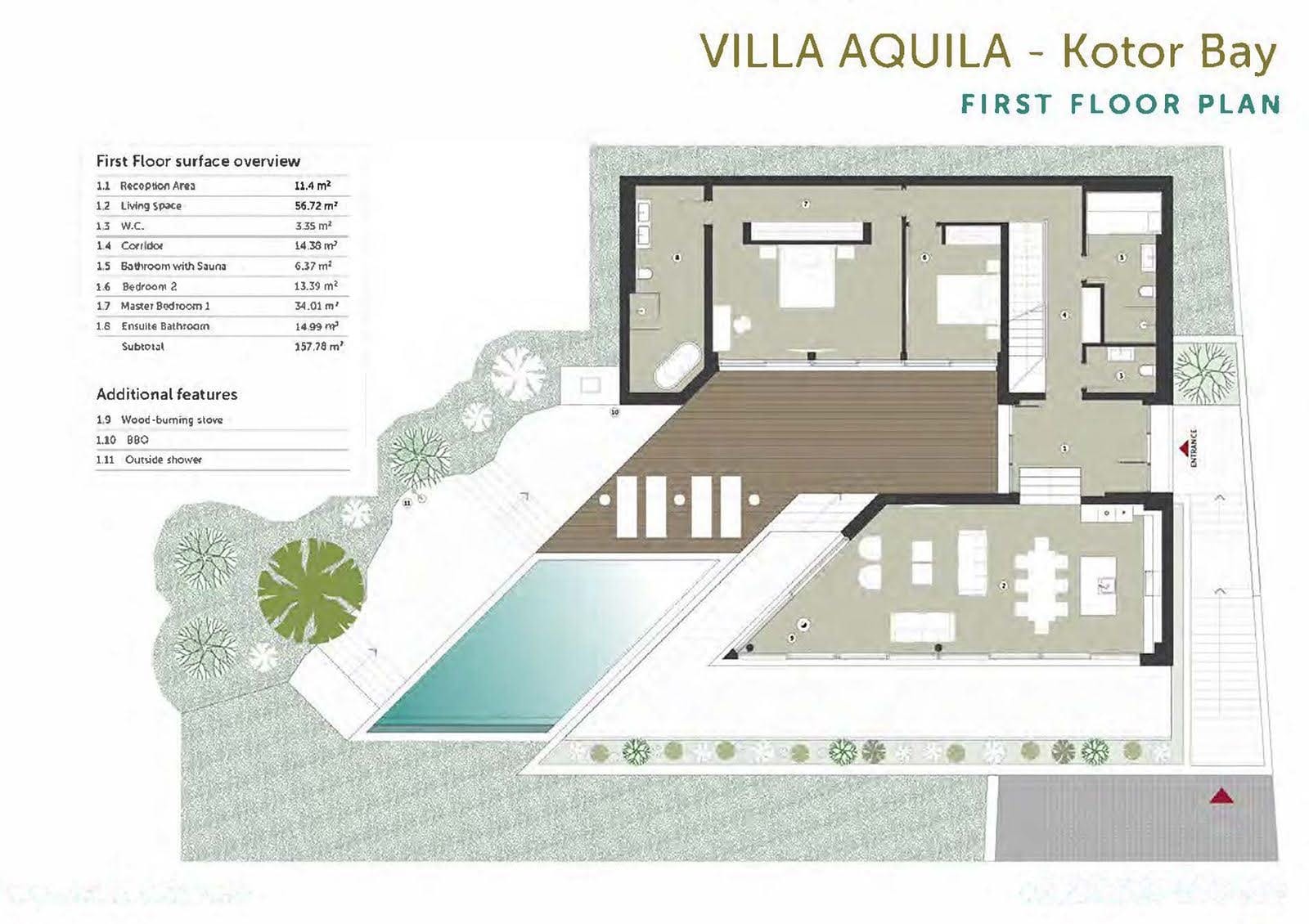 Floor plan of the first floor of Villa Aquila in the Bay of Kotor, Montenegro: living room, bedrooms, sauna, and terrace with pool.