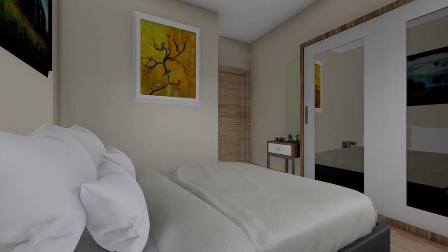 Modern bedroom in the Dobrye Vody residential complex, Montenegro: a double bed, mirrored sliding wardrobe, and stylish decor.