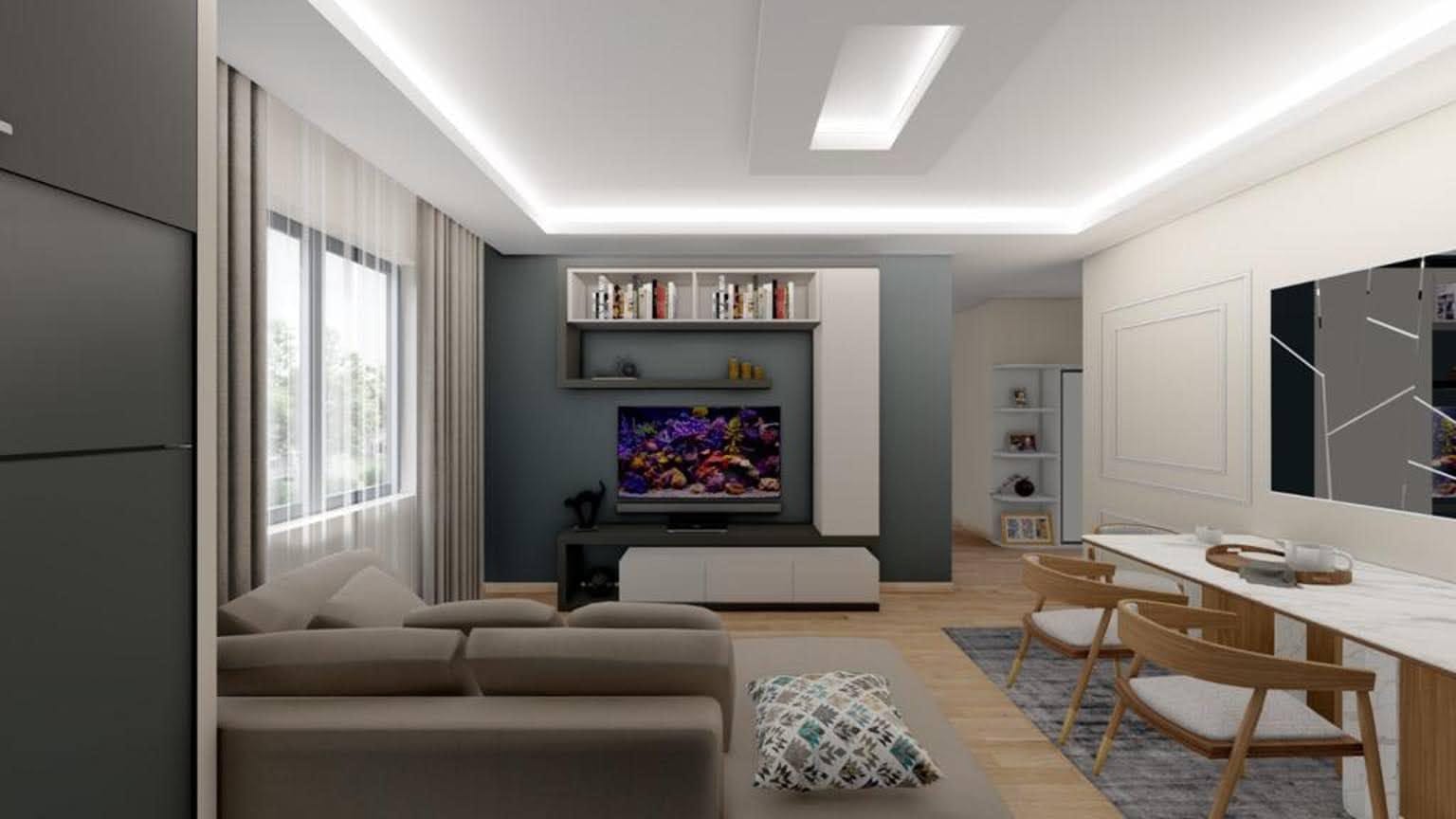 Modern living room with a soft sofa and dining area in Dobrye Vody residential complex, Montenegro: stylish interior, LED lighting.