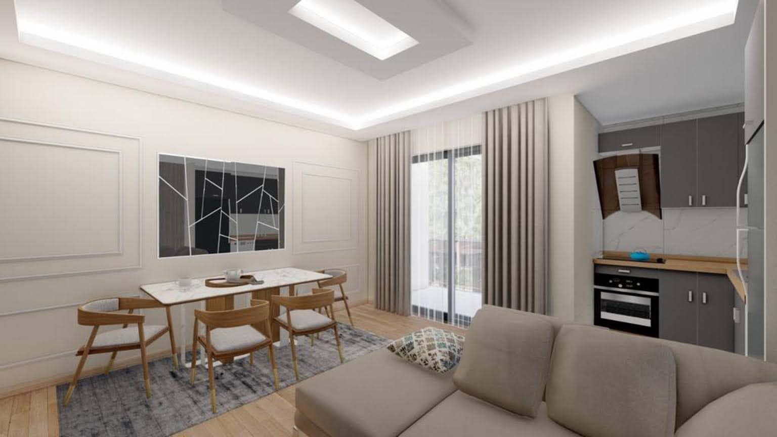 Modern living room with kitchen in Dobrye Vody residential complex, Montenegro: bright interior, dining area, and panoramic windows.