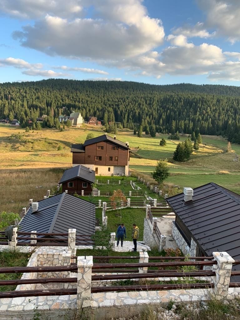Wooden villas with stone finishes in the mountains of Žabljak, Montenegro, overlooking a coniferous forest and green meadows.