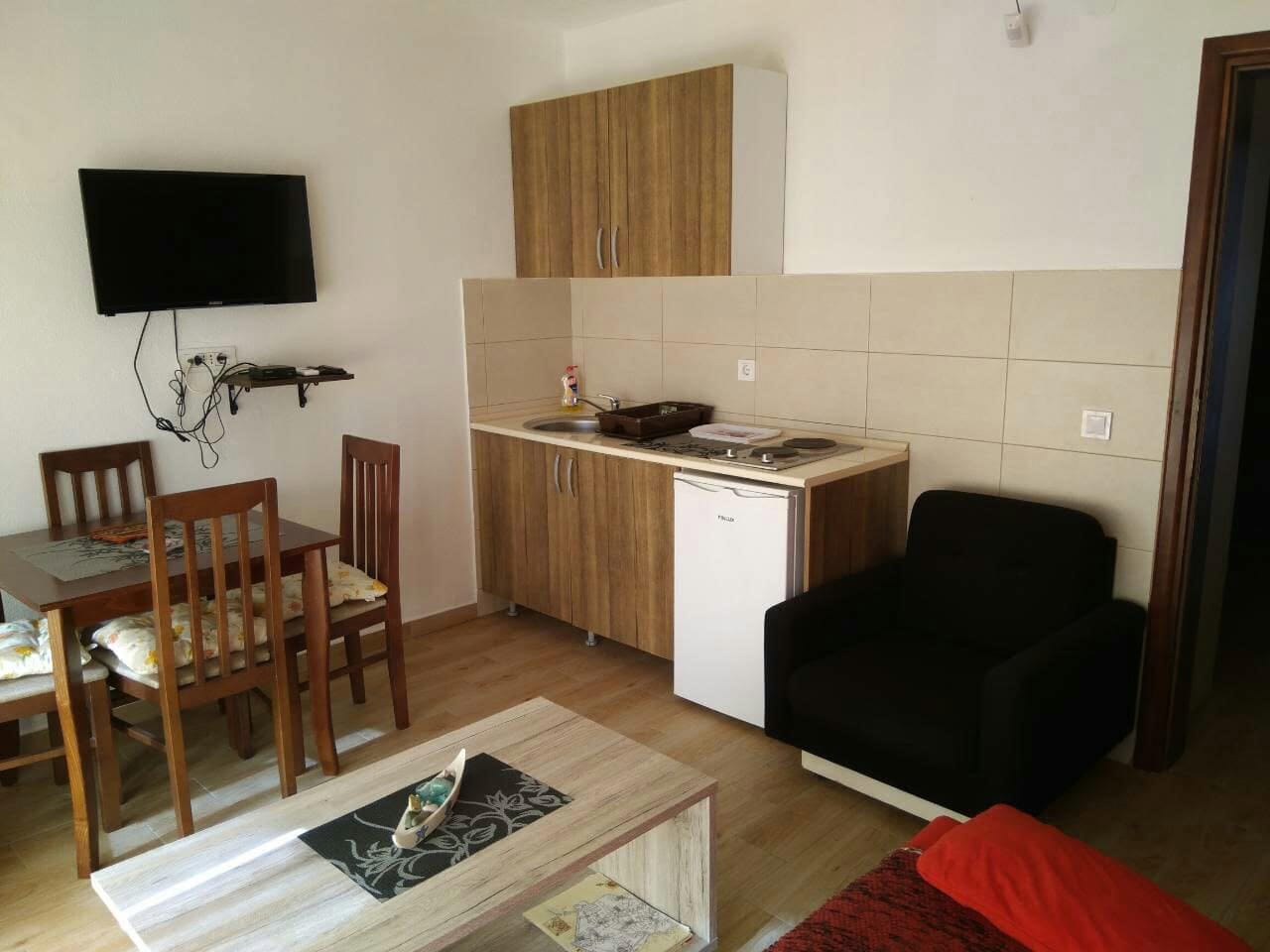 Living room with kitchen area in a house, Shushan, Montenegro: wooden table, TV, armchair, and compact kitchen.