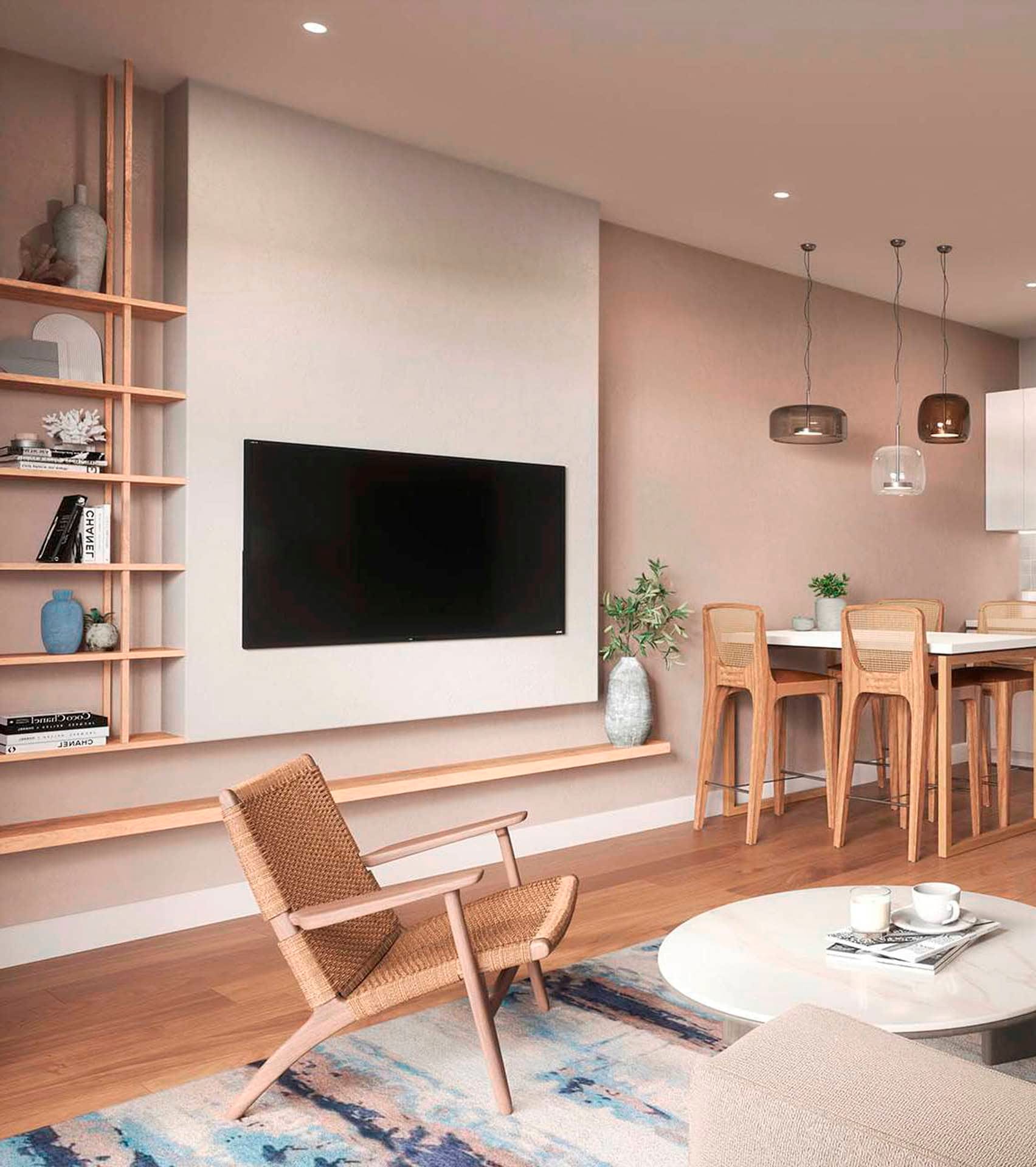 Modern living room at Boka Place hotel, Tivat, Montenegro: designer furniture, TV area, and a bright interior.