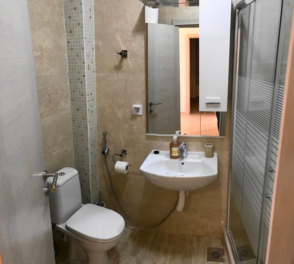 Bathroom in an apartment, Dobri Vody, Montenegro: shower cabin, white fixtures, and beige tile with mosaic.