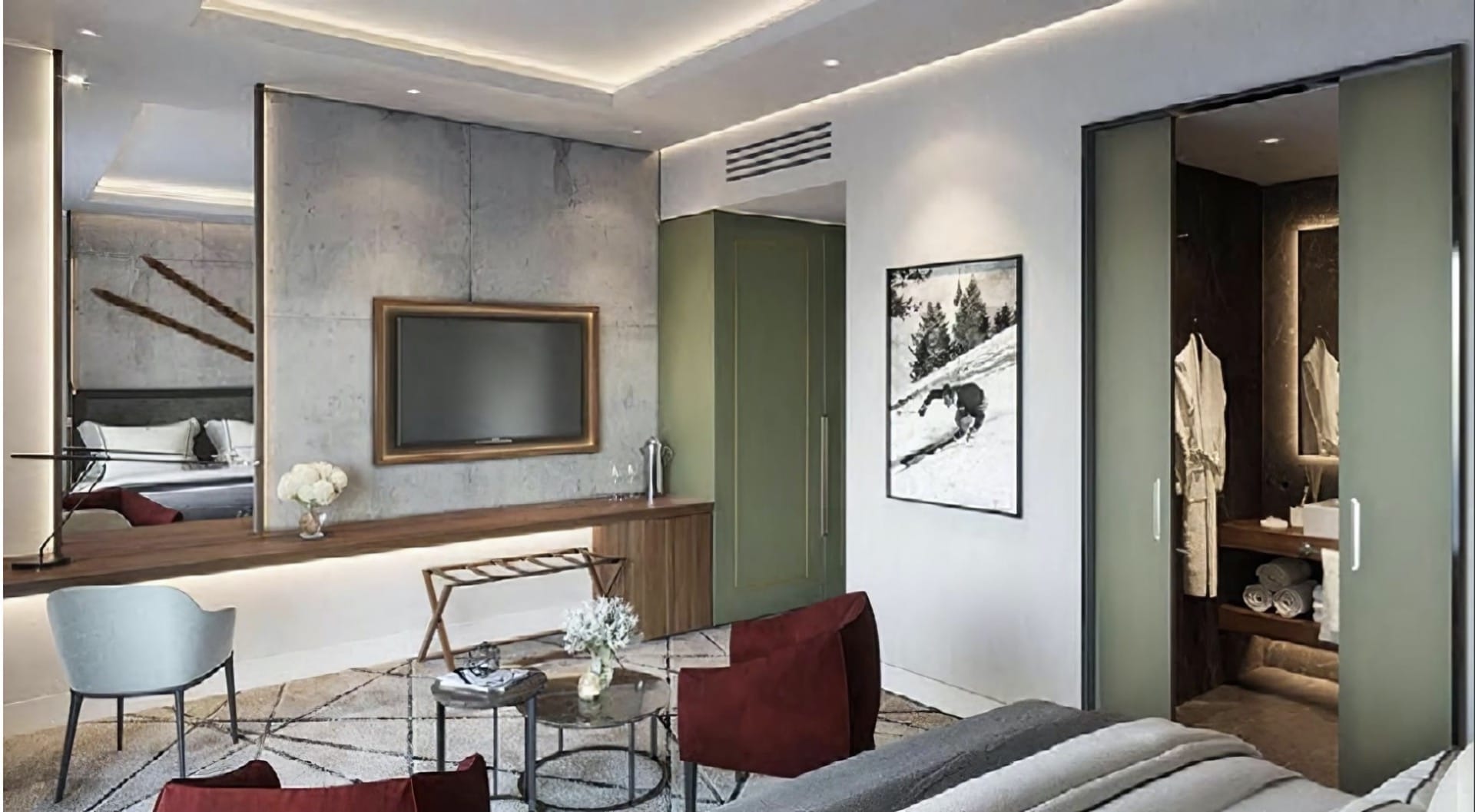 Modern hotel room in Kolašin, Montenegro: a stylish bedroom with concrete walls, furniture, and a bathroom.