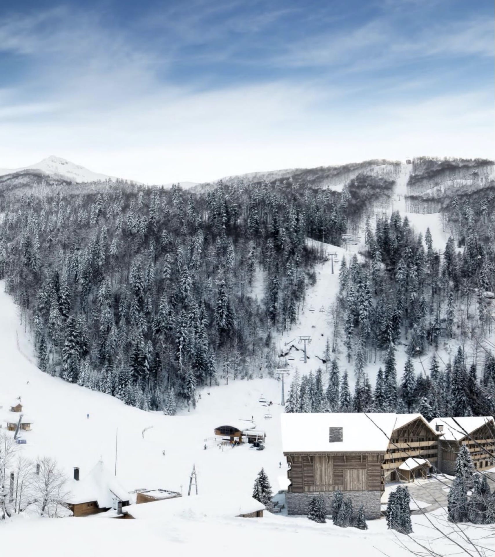 View of the Breza Hotel in Kolašin, Montenegro: a snowy ski resort with lifts and forest in winter.
