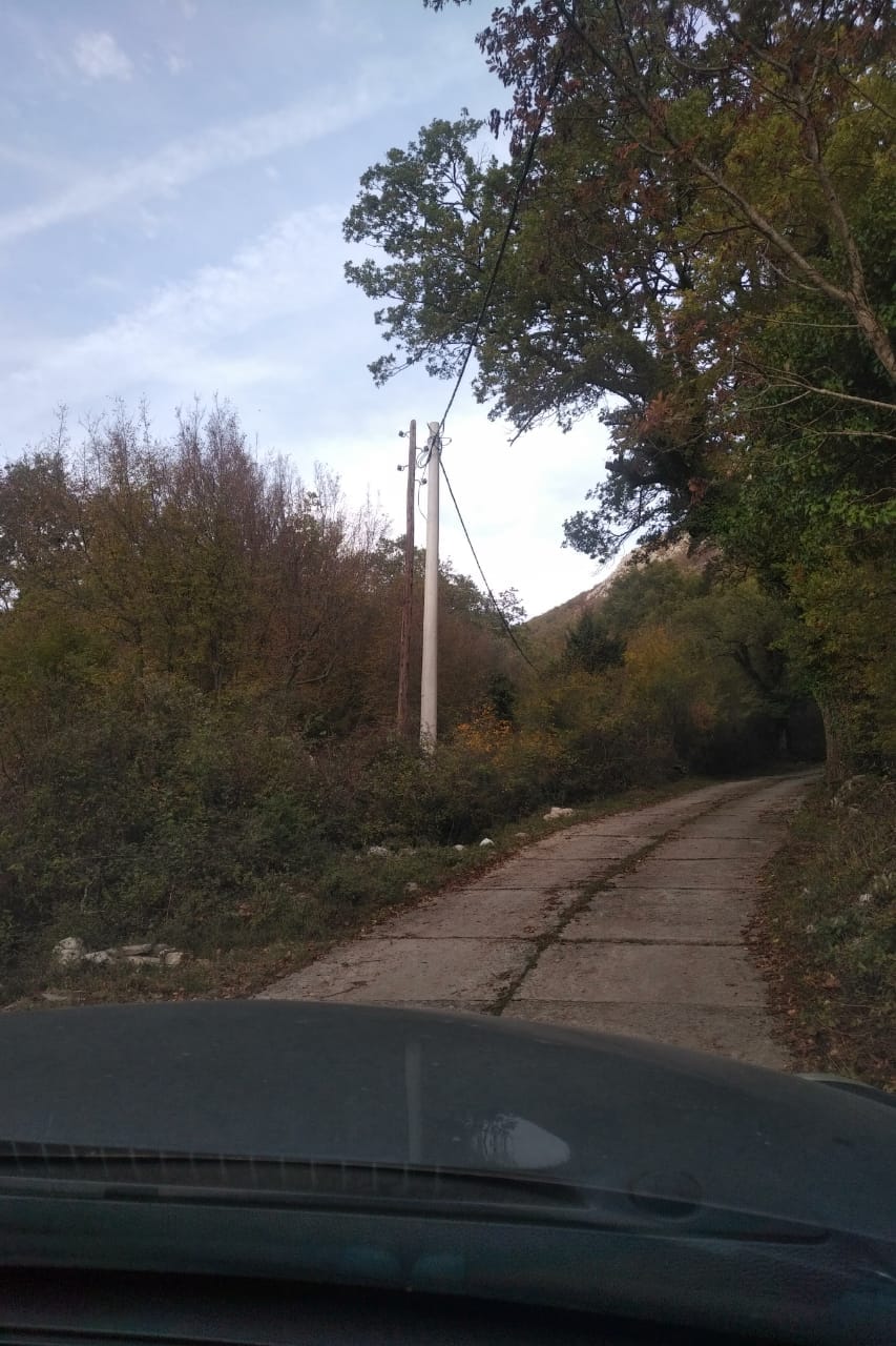 Dirt road to the plot in Sveti Stefan, Montenegro, surrounded by dense forest and mountains.