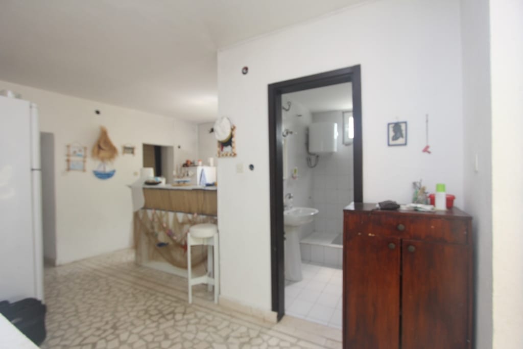 Interior of the living room with a bar counter and bathroom in a house for sale, Muo, Montenegro.