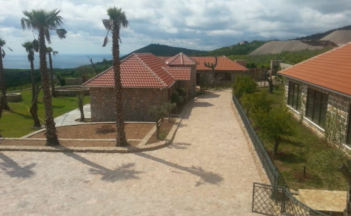 Villa in Krimovice, Montenegro: a stone house with a tiled roof, palm trees, and panoramic views of the Adriatic Sea.