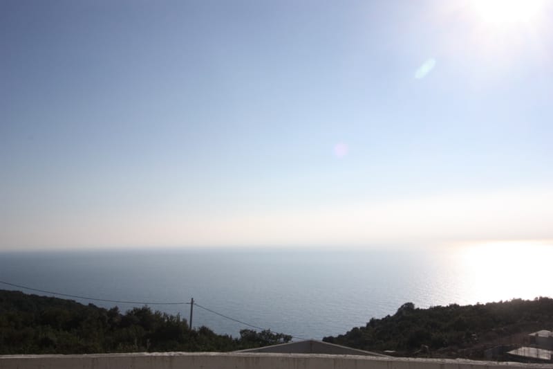 Panoramic view of the Adriatic Sea from a plot in Krimovica, Montenegro: open horizon and wooded coastline.