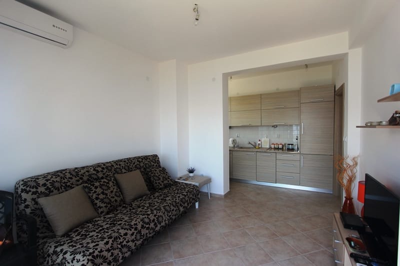 Living room with kitchen in a house in Baošići, Montenegro: floral-print sofa, light finishes, and air conditioning.