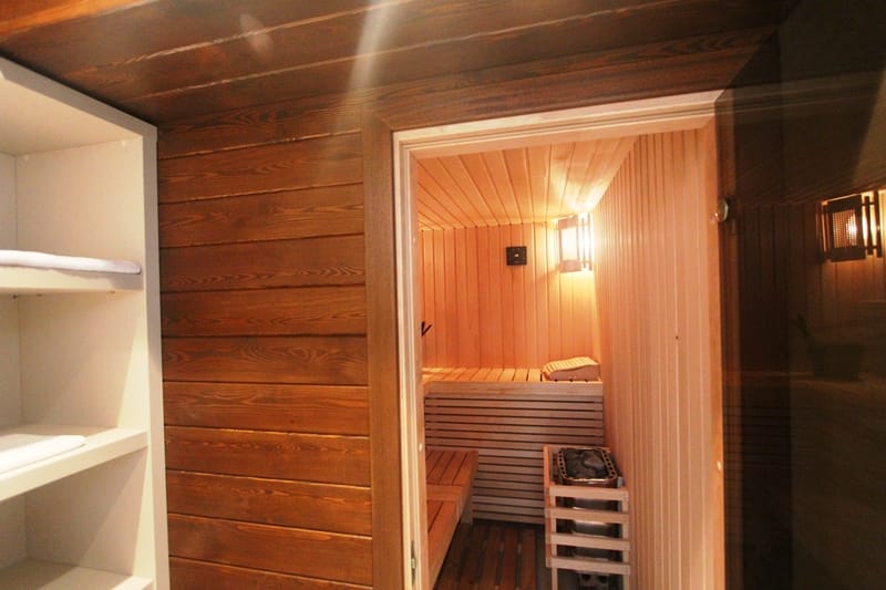 Modern sauna with light wood finish in a villa, Blizikuće, Montenegro: view of the benches and heater.