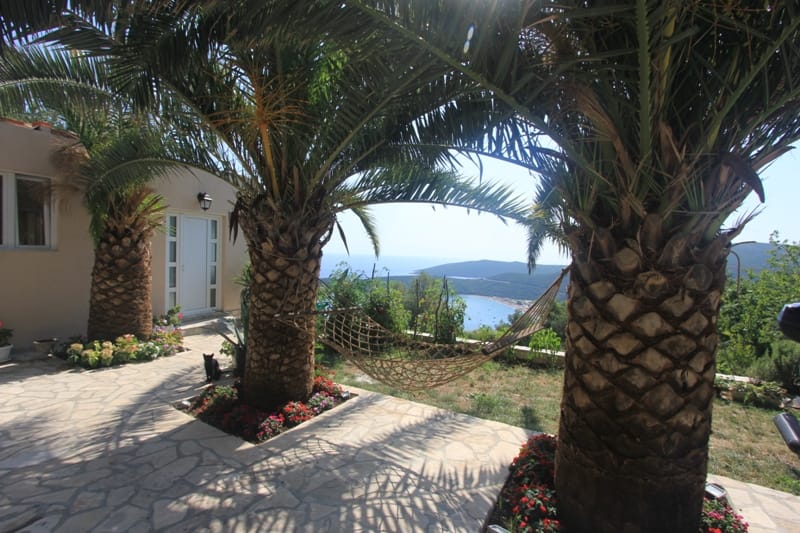 House terrace in Seoce, Montenegro: sea view, palm trees, a hammock, and a stone-paved area by the entrance to the house.
