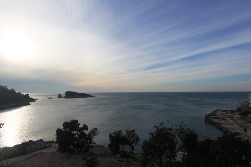 Panoramic view of the Adriatic Sea and an island from a house in Utjeha, Montenegro. Scenic seascape from the coast.