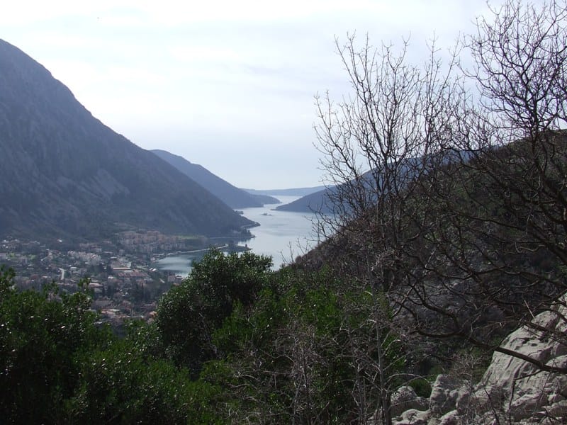 Panoramic view of Kotor Bay and the town of Risan in Montenegro from a plot of land surrounded by mountains and greenery.