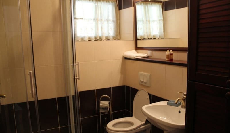 Bathroom with shower cabin in a house in Strp, Montenegro: black-and-white tiles, mirror, and plumbing fixtures.