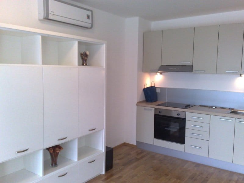Modern kitchen with built-in appliances and a white shelving unit in an apartment, Pržno, Montenegro.