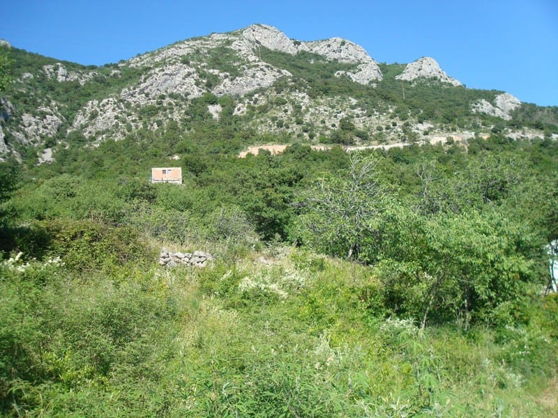 Land plot in Buljarica, Montenegro: panoramic view of a green mountain slope and scenic mountain landscape.