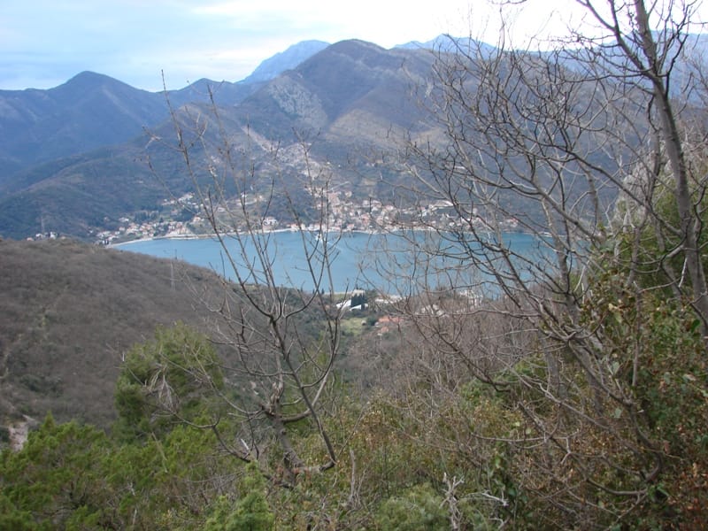 Panoramic view of the Bay of Kotor and the mountains from a plot of land in Lepetane, Montenegro.