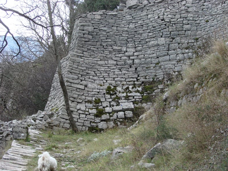 An old stone wall on a plot of land in Lepetani, Montenegro, with a view of the natural landscape.