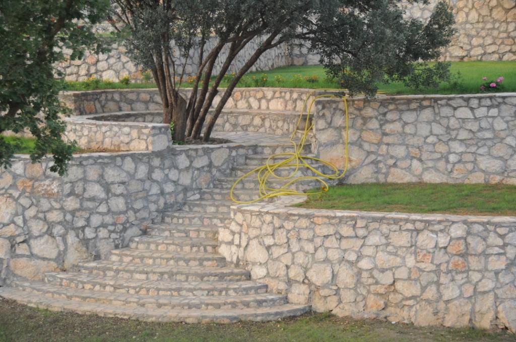 Landscape design of the villa plot in Markovichi, Montenegro: stone staircase, terraced walls, and an olive tree.
