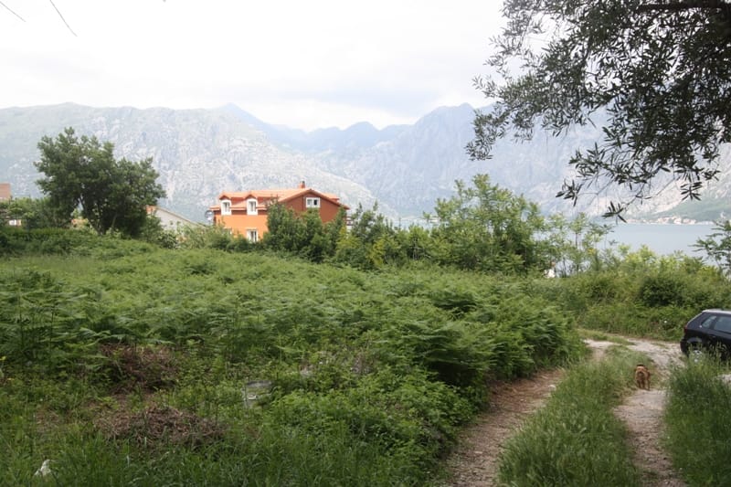 Land plot in Prčanj, Montenegro: panoramic view of the mountains and Kotor Bay with green grounds.