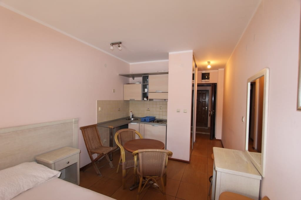 Interior of a room in the Igalo mini-hotel, Montenegro: a living room with a kitchenette, dining area, and light-colored furniture.