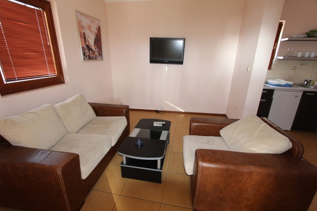 Living room with a leather sofa and kitchen in a mini-hotel in Igalo, Montenegro: a cozy interior with a TV and dining area.